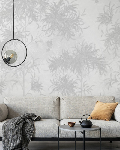 Fototapet Feathered Grove - Grey, cu design de pădure gri în living modern.