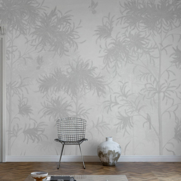Fototapet Feathered Grove - Grey, cu design de pădure gri în living modern.