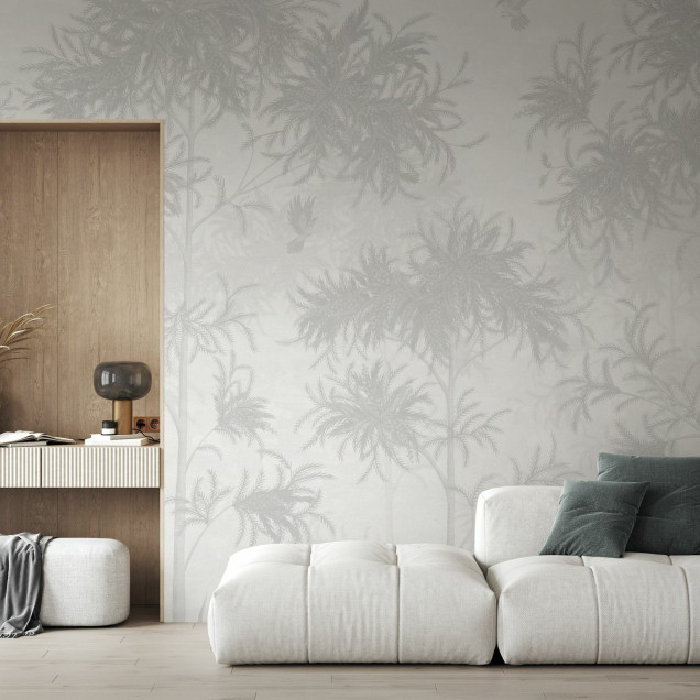 Fototapet Feathered Grove - Grey, cu design de pădure gri în living modern.