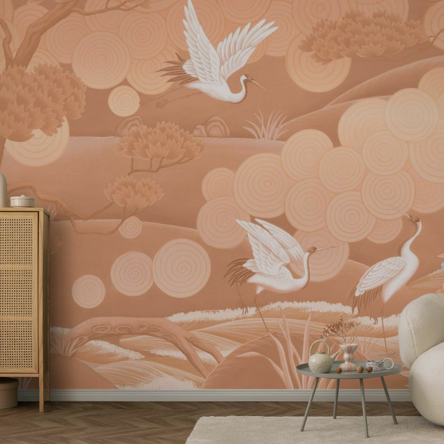 Fototapet bej cu motiv natural și păsări, ideal pentru living