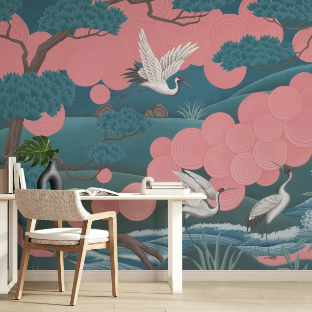 Fototapet cu design elegant și accente roz în dormitor