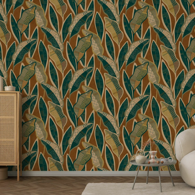 Fototapet cu frunze decorative pe fundal maro