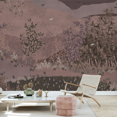 Fototapet cu design floral în nuanțe de roz și maro, creând un ambient natural și elegant