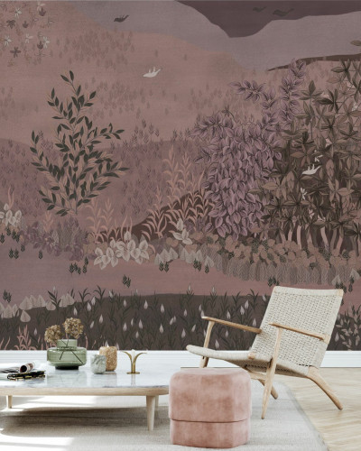 Fototapet cu design floral în nuanțe de roz și maro, creând un ambient natural și elegant
