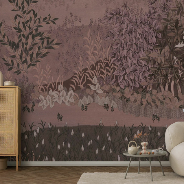 Fototapet cu design floral în nuanțe de roz și maro, creând un ambient natural și elegant