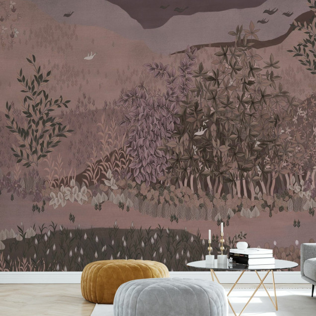 Fototapet cu design floral în nuanțe de roz și maro, creând un ambient natural și elegant