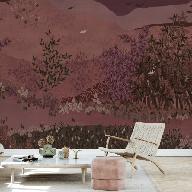 Fototapet cu design floral antichizat în nuanțe de liliac