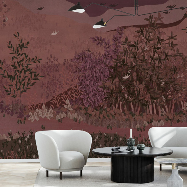 Fototapet cu design floral antichizat în nuanțe de liliac