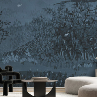 Fototapet cu design floral în nuanțe de denim decolorat