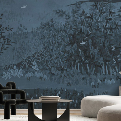 Fototapet cu design floral în nuanțe de denim decolorat