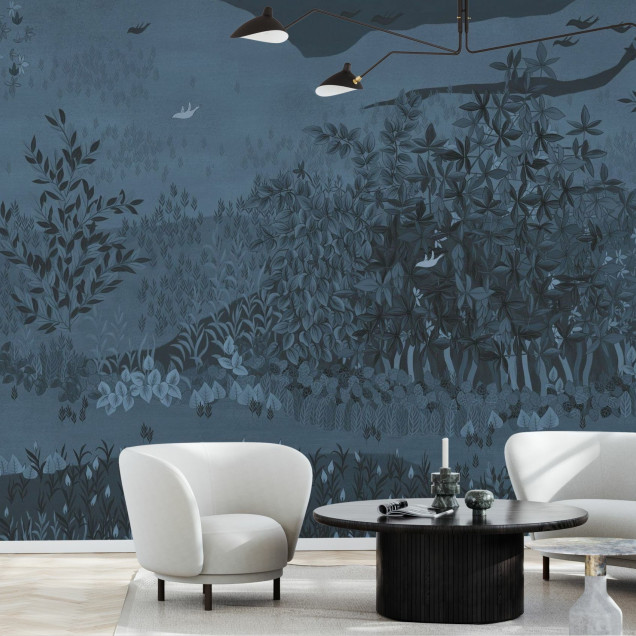 Fototapet cu design floral în nuanțe de denim decolorat