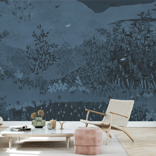 Fototapet cu design floral în nuanțe de denim decolorat