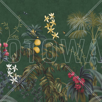 Fototapet cu design botanic luxuriant pe fundal verde
