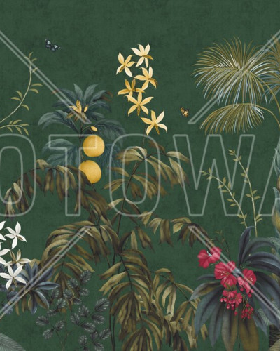 Fototapet cu design botanic luxuriant pe fundal verde