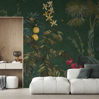 Fototapet cu design botanic luxuriant pe fundal verde