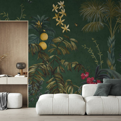 Fototapet cu design botanic luxuriant pe fundal verde