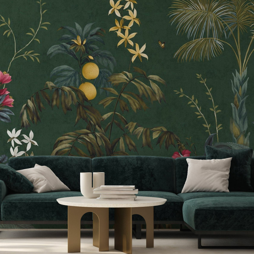 Fototapet cu design tropical, frunze și flori pe fundal închis