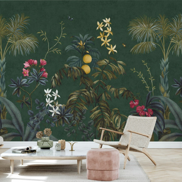 Fototapet cu design botanic luxuriant pe fundal verde