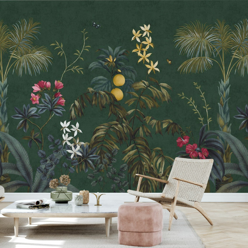 Fototapet cu design tropical, frunze și flori pe fundal închis