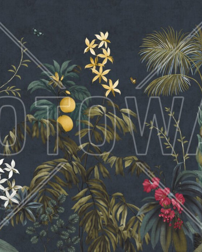 Fototapet cu design tropical, frunze și flori pe fundal închis