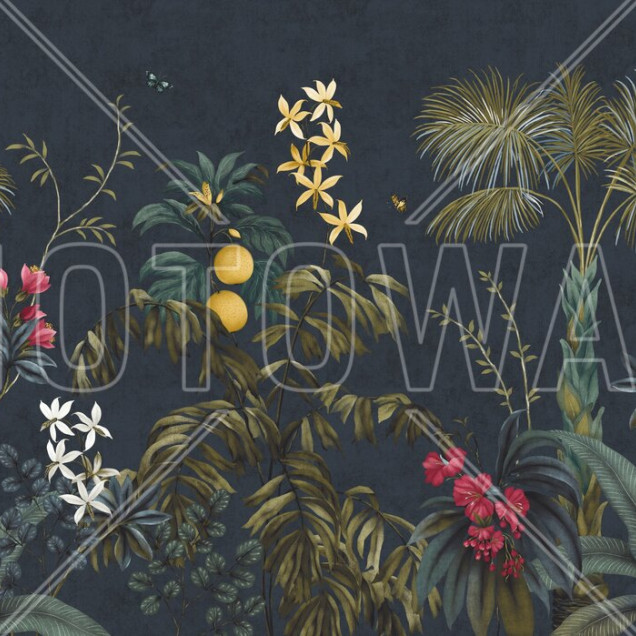 Fototapet cu design tropical, frunze și flori pe fundal închis