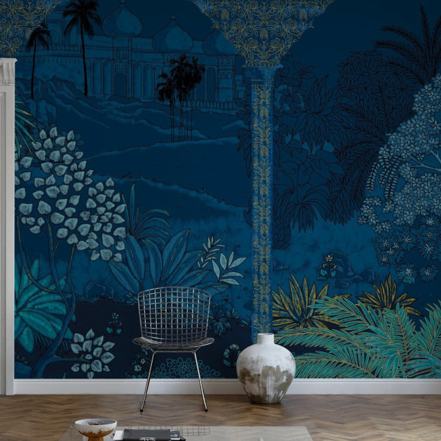 Fototapet cu design tropical elegant în nuanțe de albastru