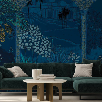Fototapet cu design tropical elegant în nuanțe de albastru