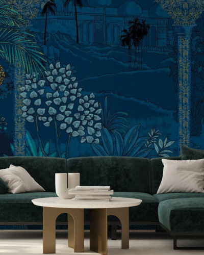 Fototapet cu design tropical elegant în nuanțe de albastru