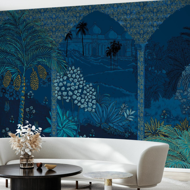 Fototapet cu design tropical elegant în nuanțe de albastru