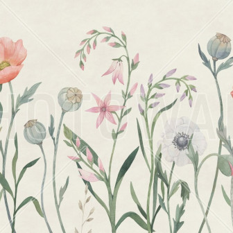 Fototapet floral cu maci și anemone în acuarelă