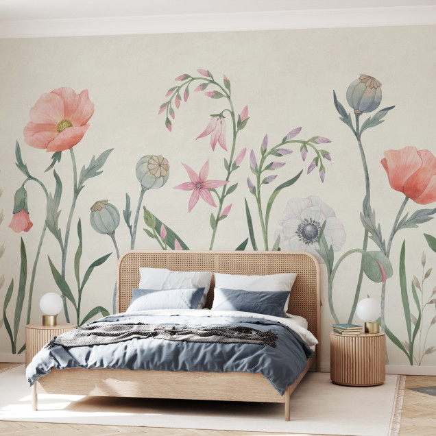 Fototapet floral cu maci și anemone în acuarelă