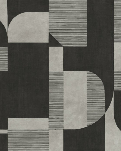 Fototapet abstract cu design geometric în nuanțe de gri și negru într-un living modern.