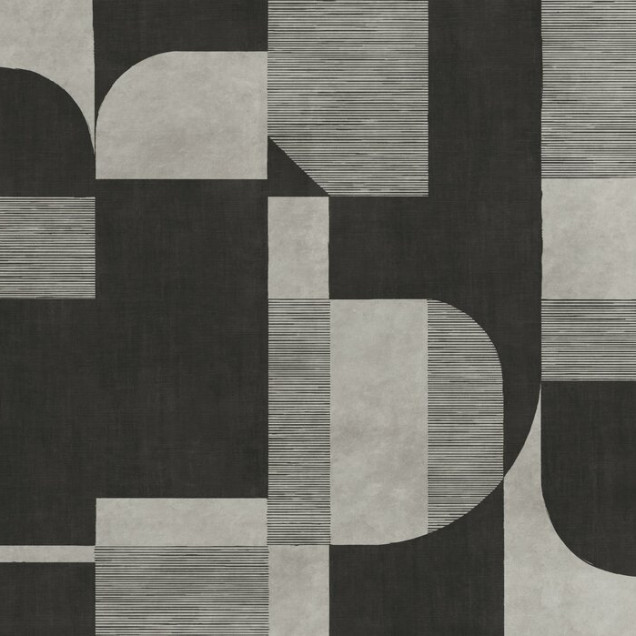 Fototapet abstract cu design geometric în nuanțe de gri și negru într-un living modern.