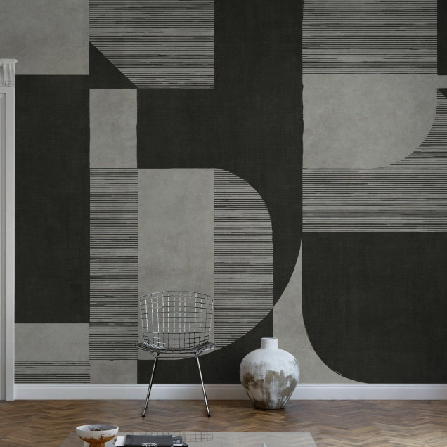 Fototapet abstract cu design geometric în nuanțe de gri și negru într-un living modern.