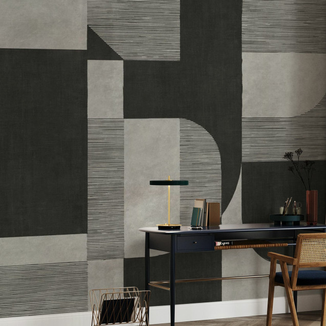 Fototapet abstract cu design geometric în nuanțe de gri și negru într-un living modern.