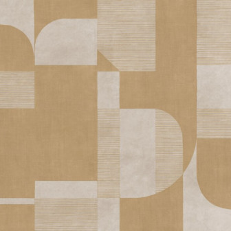 Fototapet cu design geometric în nuanțe de mustar, într-un living modern