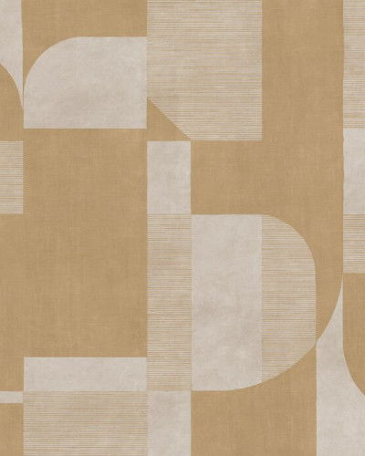 Fototapet cu design geometric în nuanțe de mustar, într-un living modern