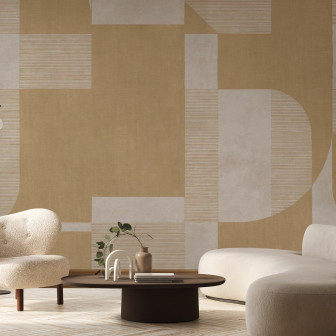 Fototapet cu design geometric în nuanțe de mustar, într-un living modern