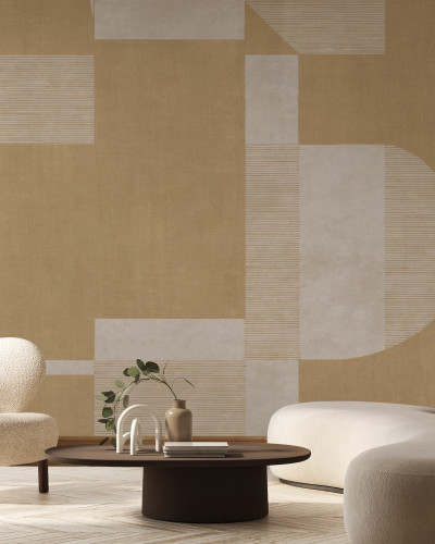 Fototapet cu design geometric în nuanțe de mustar, într-un living modern