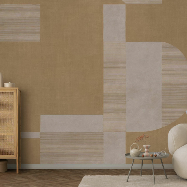 Fototapet cu design geometric în nuanțe de mustar, într-un living modern