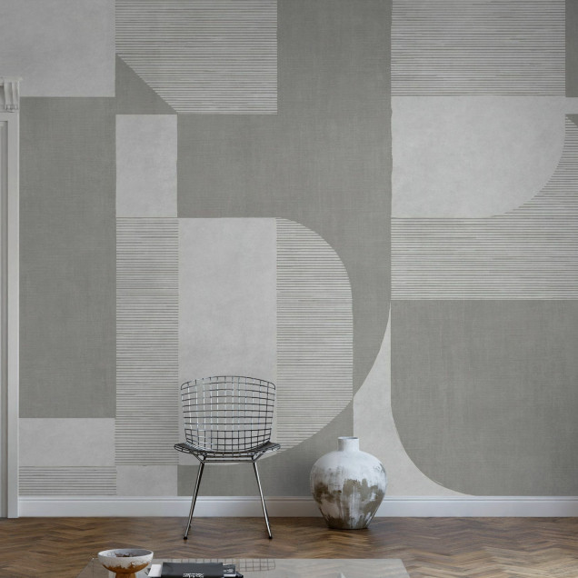 Fototapet cu design geometric în nuanțe de gri deschis într-un living modern