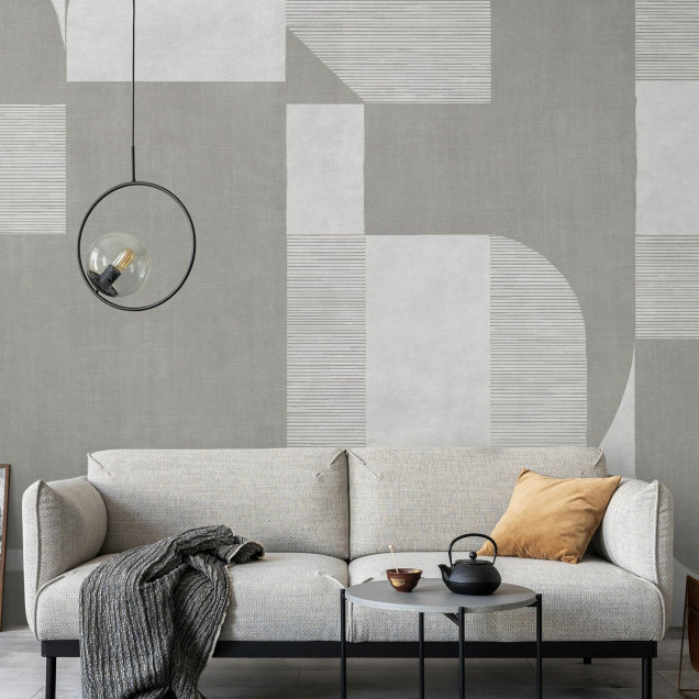 Fototapet cu design geometric în nuanțe de gri deschis într-un living modern