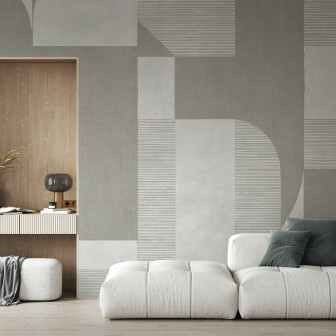 Fototapet cu design geometric în nuanțe de gri deschis într-un living modern