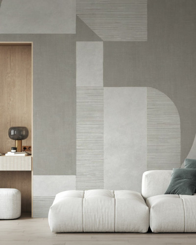 Fototapet cu design geometric în nuanțe de gri deschis într-un living modern