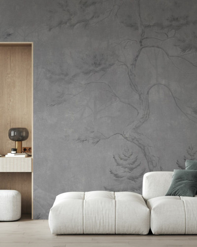 Fototapet cu copaci înalți în nuanțe de gri într-un interior modern