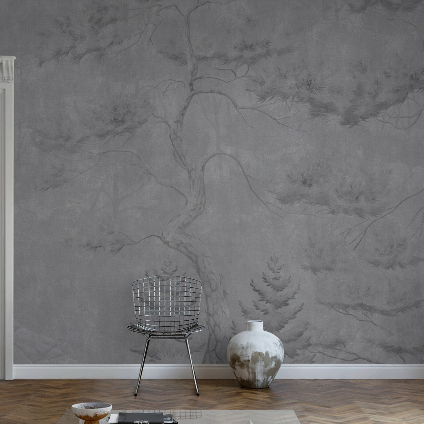 Fototapet cu copaci înalți în nuanțe de gri, decor interior elegant