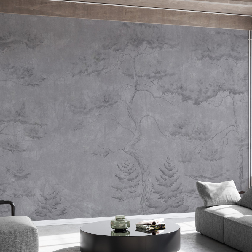Fototapet cu copaci înalți în nuanțe de gri, decor interior elegant