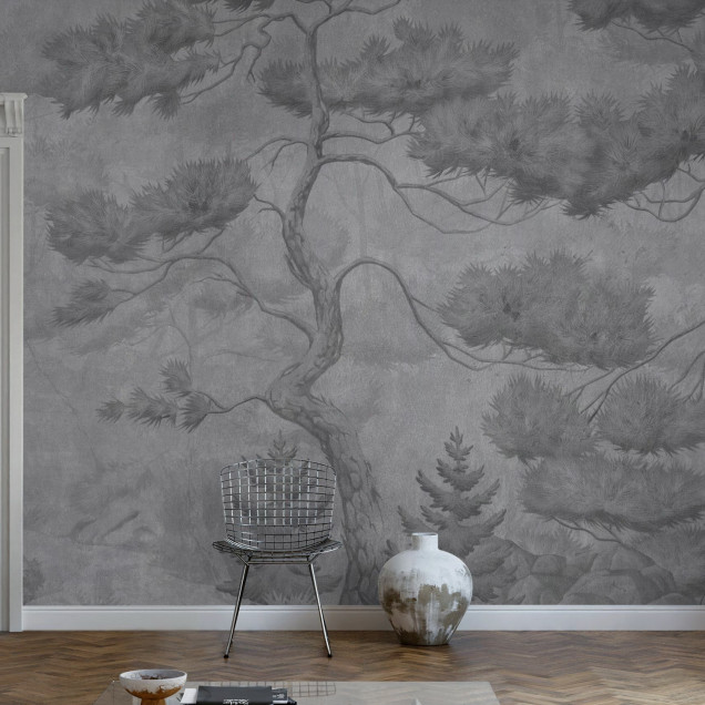Fototapet cu copaci înalți în nuanțe de gri, decor interior elegant
