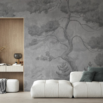 Fototapet cu copaci înalți în nuanțe de gri, decor interior elegant