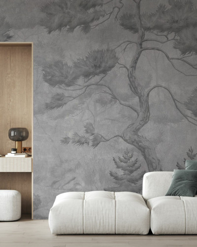 Fototapet cu copaci înalți în nuanțe de gri, decor interior elegant